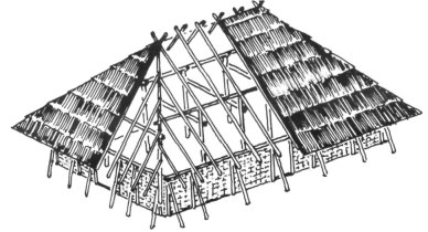 Reconstructie-tekening van een driebeukig hallehuis uit het begin van de jaartelling naar archeologische gegevens (tekening uit S. de Jong en J. Schipper Gebouwd in de Zaanstreek) 